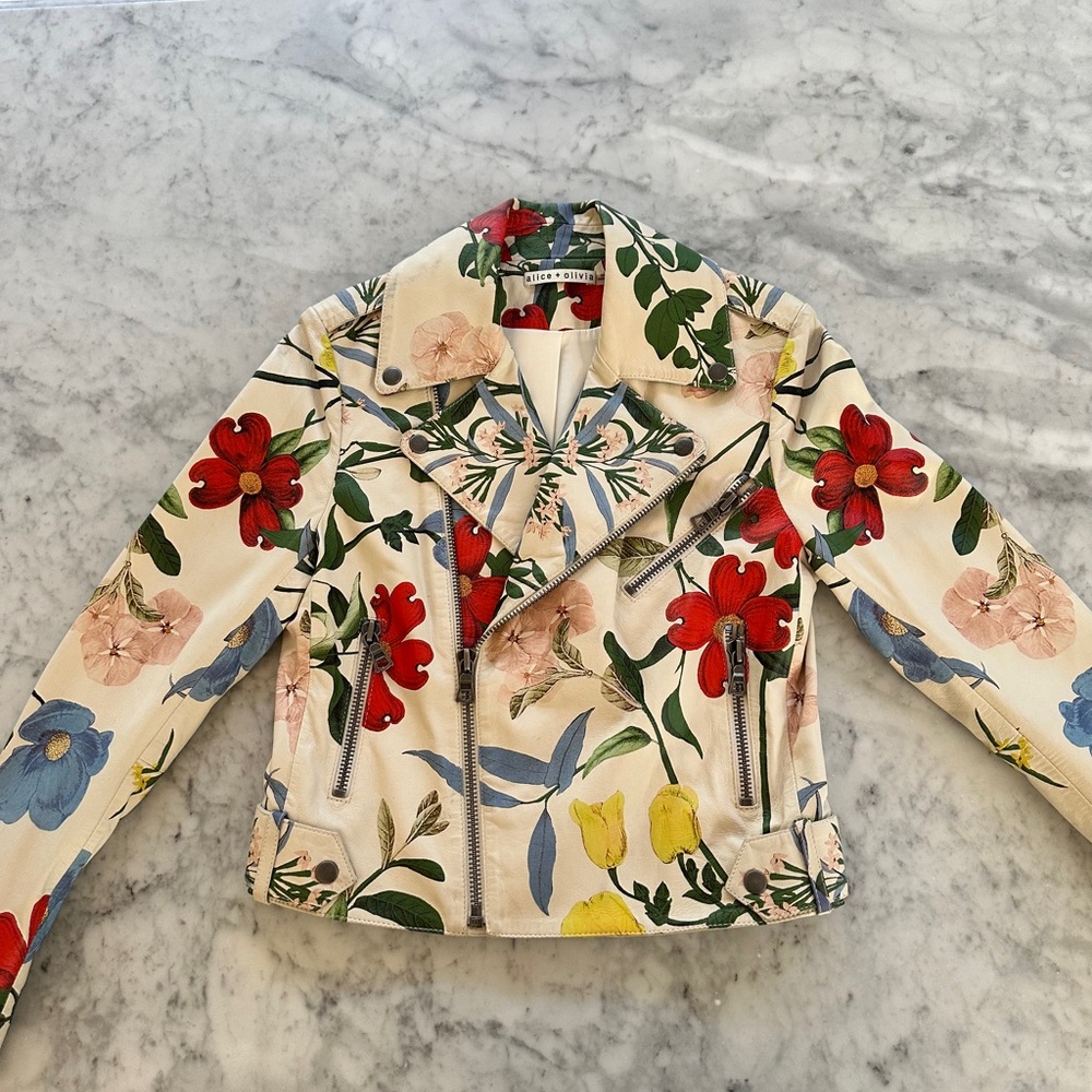 Alice + Olivia Red and Green Floral Biker Jacket - Picture 14 of 16